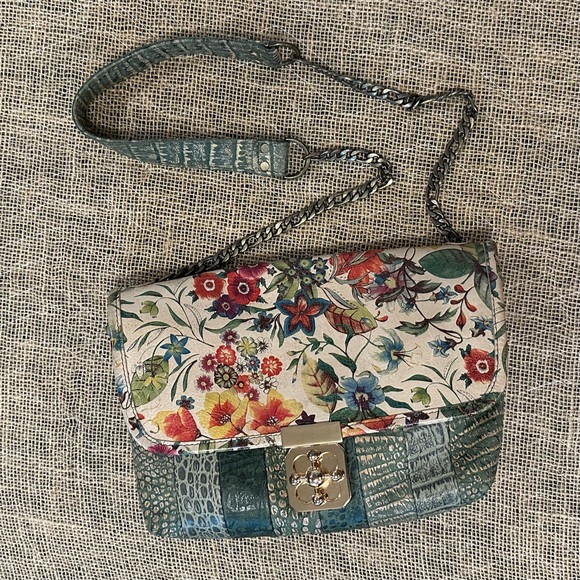 Etui London Handbags - Floral & Green Leather Crossbody Bag Purse Satchel Art to‎ Wear Boho Lagenlook